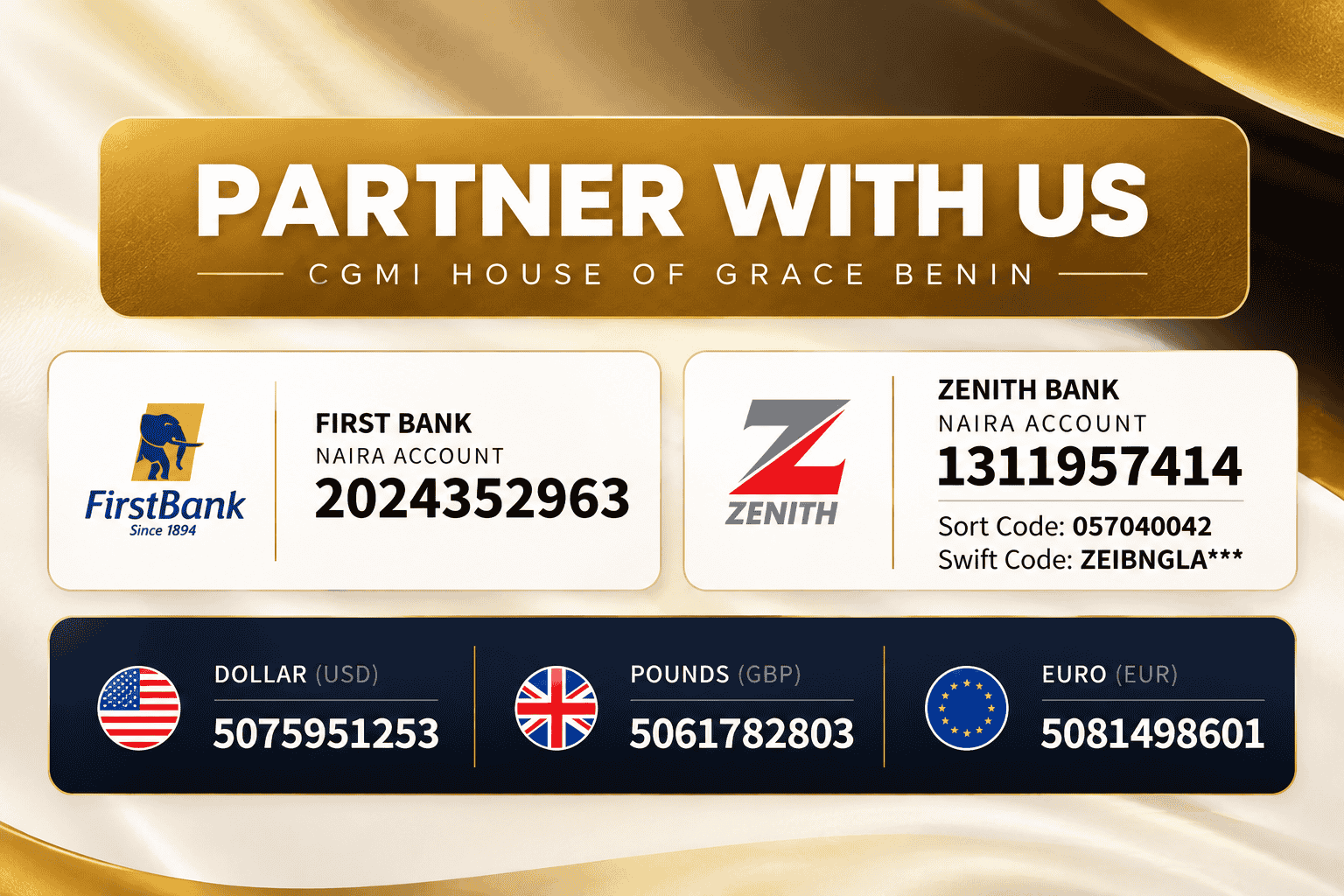 CGMI House of Grace Benin giving and partnership account details